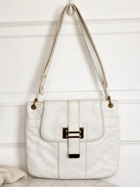 Liz Claiborne White Leather Shoulder Bag Pebbled Gold Hardware Y2K Classic